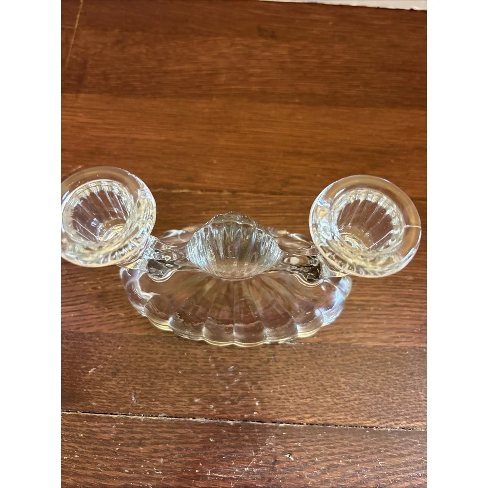 Vintage 1940s L E Smith Glass Double Light Candlestick Candle Holder Clear Glass